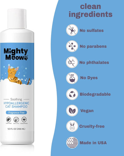 Hypoallergenic Cat Shampoo, Anti-Itch & Soothing Shampoo for Cats and Kittens, Natural & Fragrance-Free (9Oz)