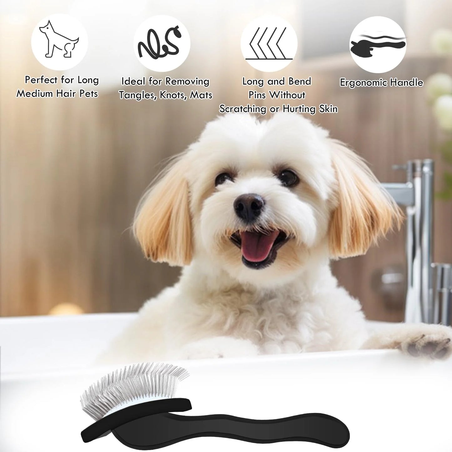 Dog Slicker Brush for Medium or Long Haired Dogs, Long Pin Slicker Brush for Removes Loose Hair, Tangles and Knots, Best Grooming Tools, Black