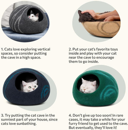 Cat Cave – Premium Felt Cat Bed for Indoor Cats, Handmade Merino Wool (Aquamarine, Medium)