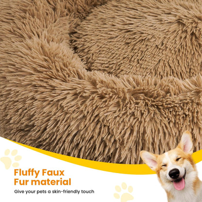 Calming Dog Beds for Large Dogs, Faux Fur Donut Cuddler Dog Bed, round Fluffy Pillow, Washable Pet Bed for Dogs up to 80Lbs, 36Inch