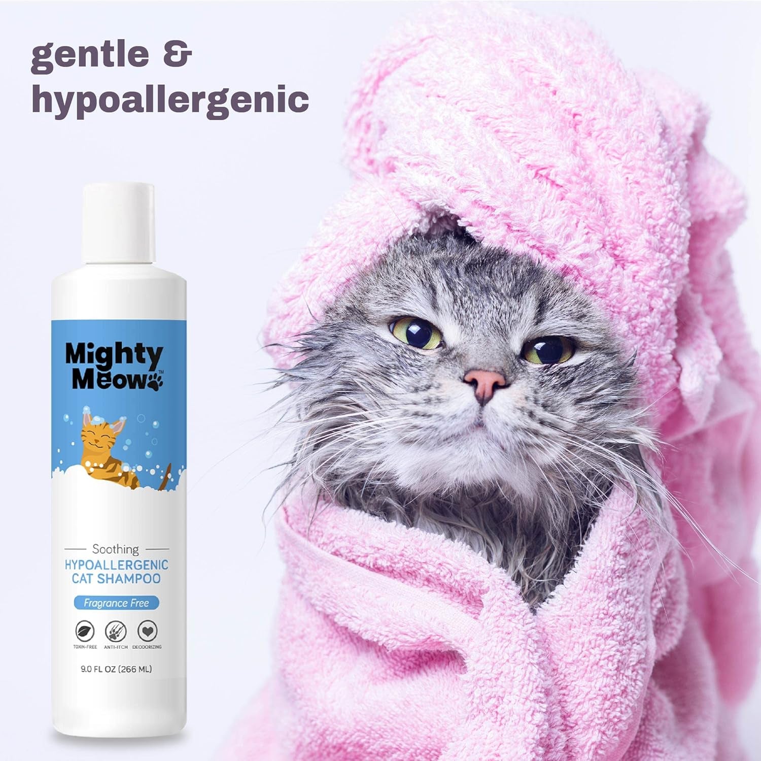 Hypoallergenic Cat Shampoo, Anti-Itch & Soothing Shampoo for Cats and Kittens, Natural & Fragrance-Free (9Oz)